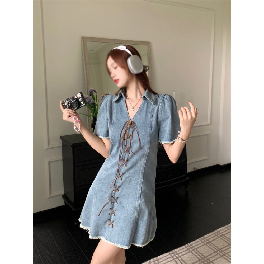 청원피스 브이넥 데님 미니 원피스 스커트 스트랩 빈티지 캐주얼룩 BQ3042816