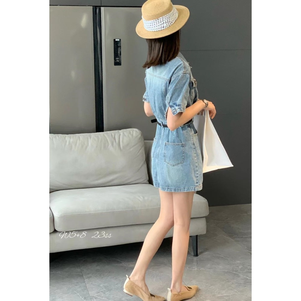 유럽풍 빈티지 데님 원피스 블링 포켓 카우보이 청치마 슬림 BQ3042820