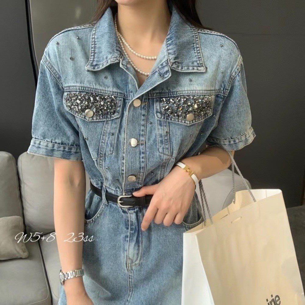 유럽풍 빈티지 데님 원피스 블링 포켓 카우보이 청치마 슬림 BQ3042820