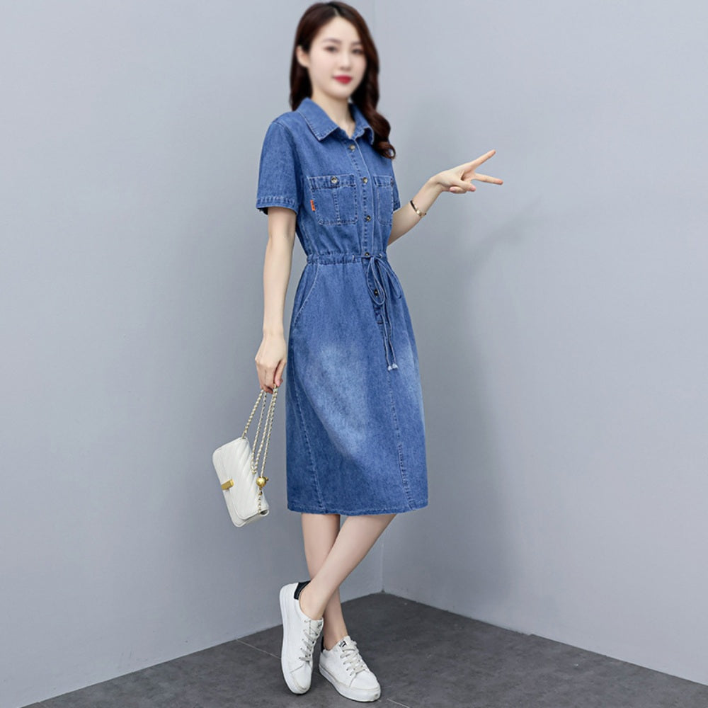 빅사이즈 반팔 데님 청원피스 롱스커트 캐주얼 카라넥 BQ3042815