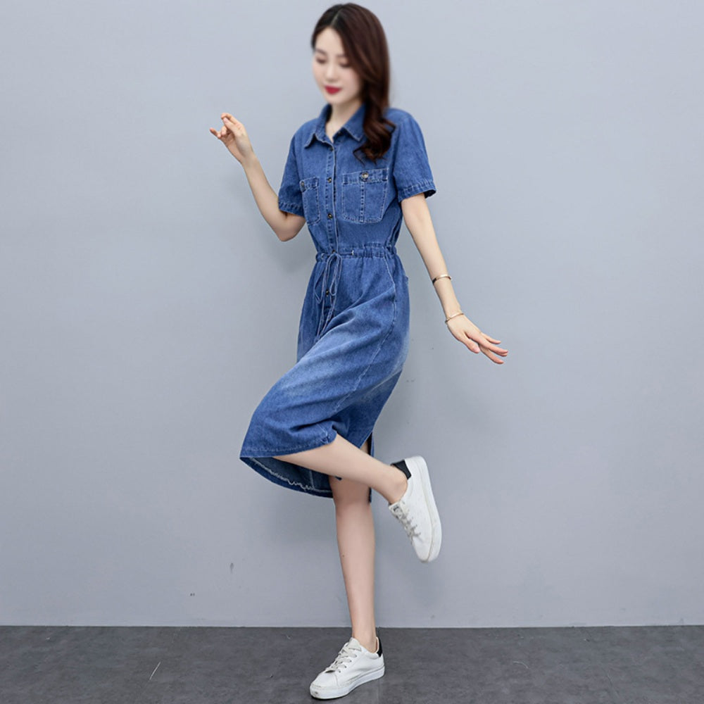 빅사이즈 반팔 데님 청원피스 롱스커트 캐주얼 카라넥 BQ3042815