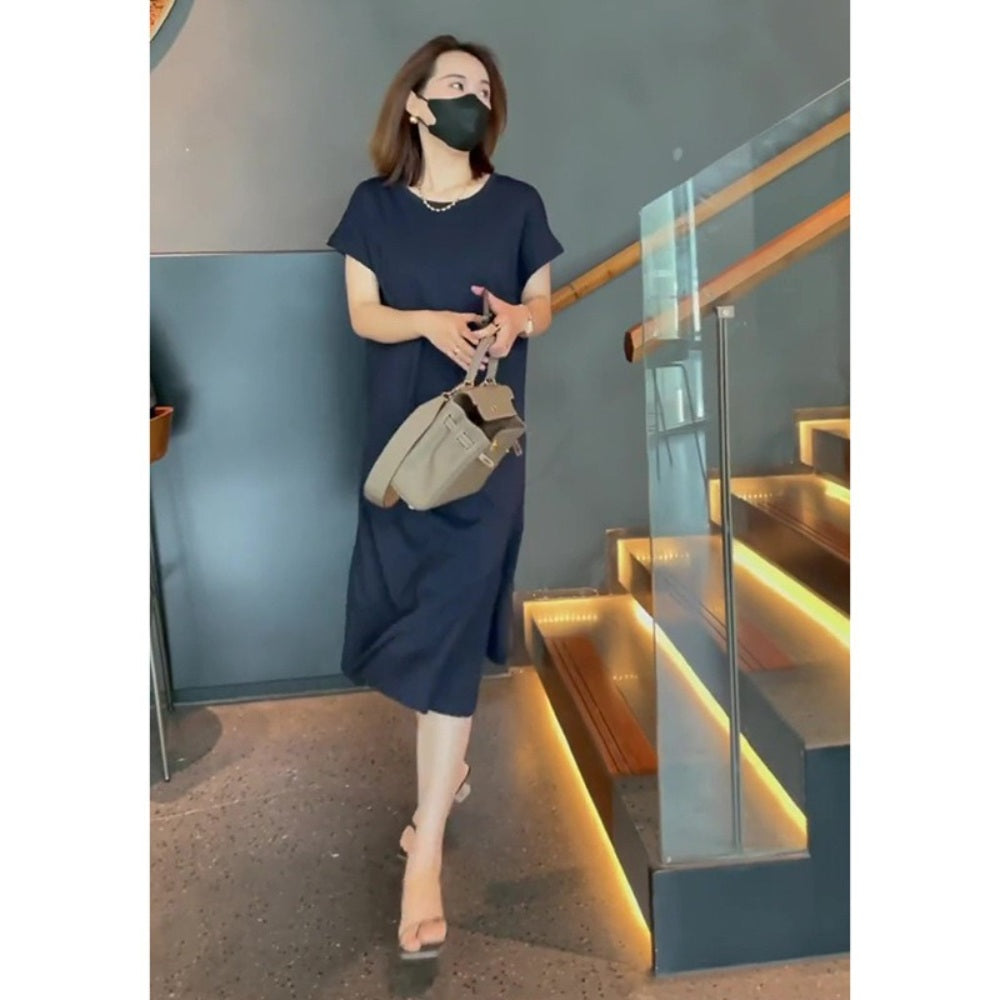 루즈핏 키큰여자 반팔 간편외출 캐주얼 고급스런 패치 롱 원피스  블랙 군살커버 BQ3042806