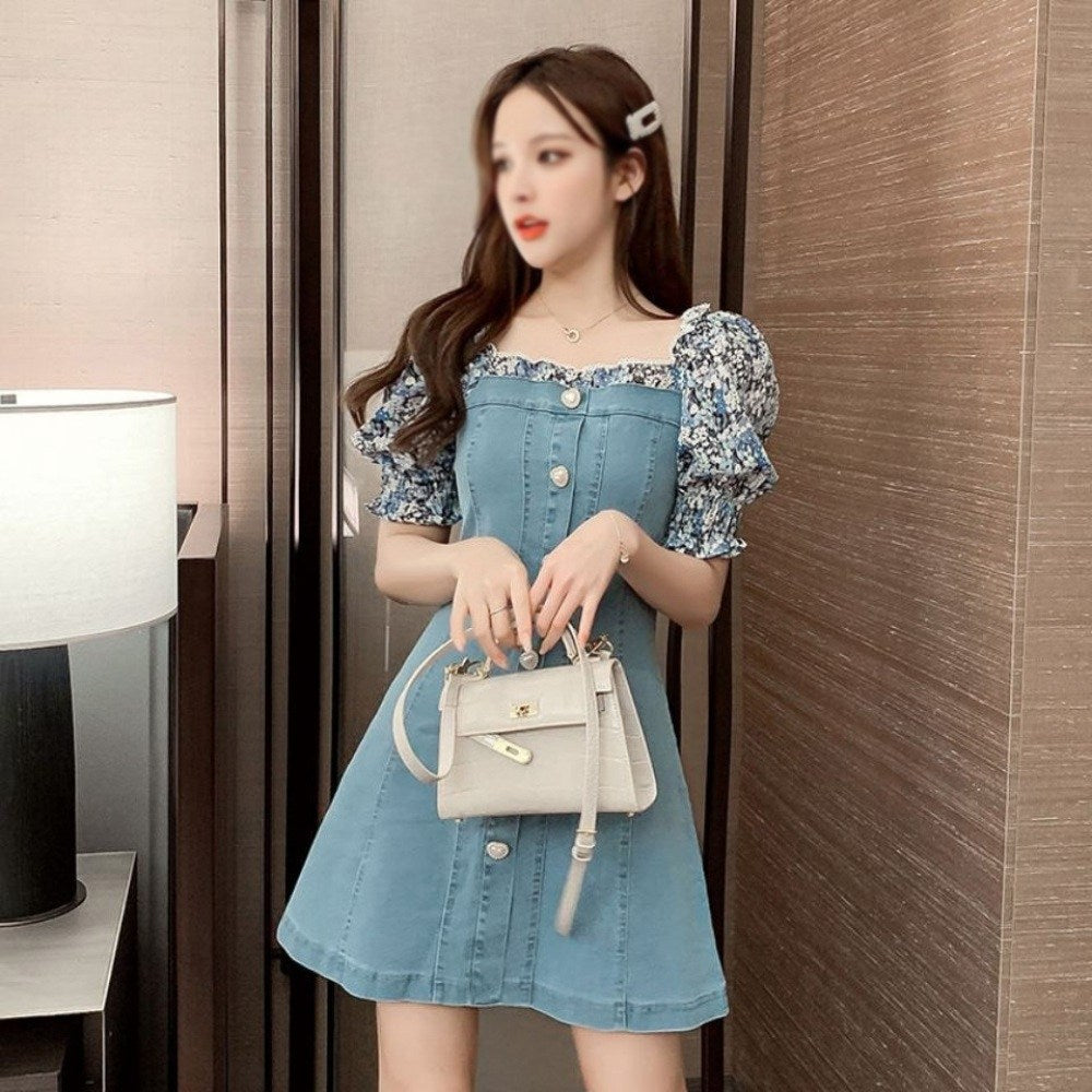 청원피스 패치 쉬폰 벌룬소매 플라워 데님스커트 캐주얼 코디하기좋은 BQ3060813