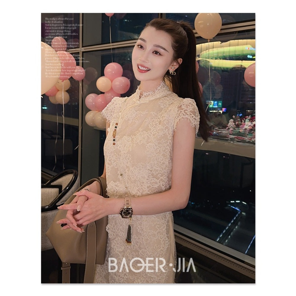 치파오 여름 롱원피스 쉬폰 레이스 개량 차이나 복고풍 여성스러움 BW3062005