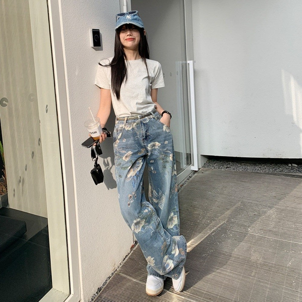 프린트 청바지 하이 웨이스트 캐주얼 와이드 팬츠 JIKTEM BW3081010
