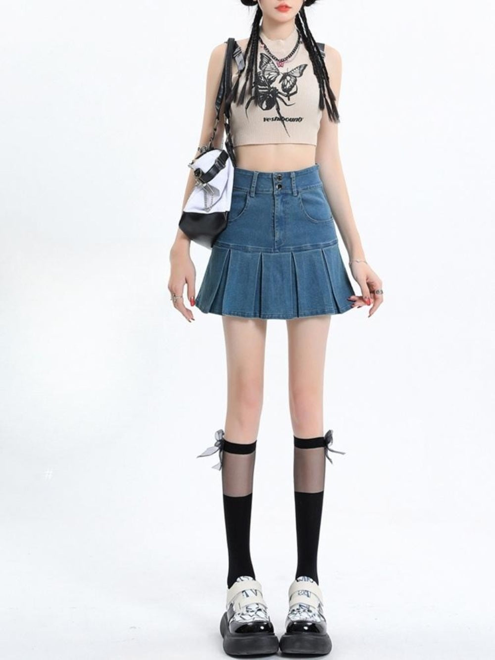 투버튼 데님 미니 스커트 하이 웨이스트 슬림 치마바지 a 라인 JIKTEM BW3081004