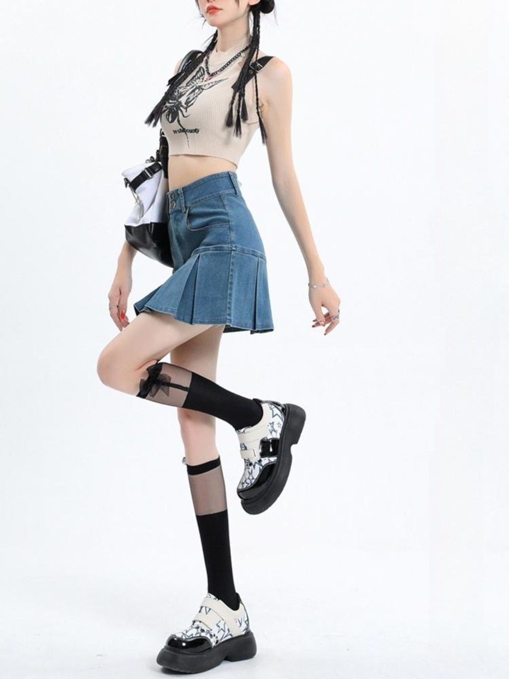 투버튼 데님 미니 스커트 하이 웨이스트 슬림 치마바지 a 라인 JIKTEM BW3081004