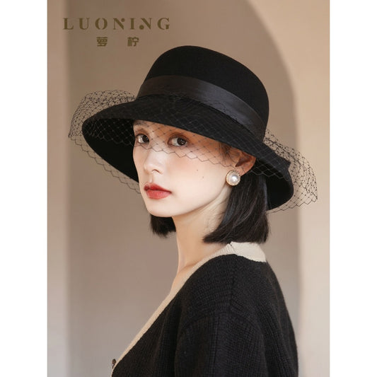 벙거지 유럽 복고풍 귀부인 망사 베일 버킷햇 여성 울 모직 모자 직템 BW3100805