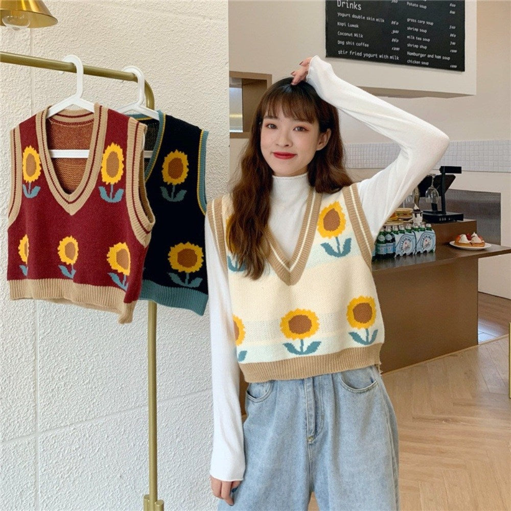 JIKTEM 니트조끼 해바라기 꽃무늬 V넥 스웨터 숏 베스트  WJ4011206