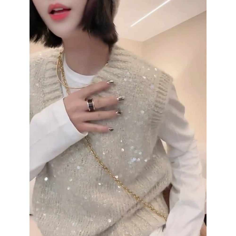 JIKTEM 니트조끼 블링 스팽글 브이넥 루즈핏 레이어드 코디룩 WJ4011210
