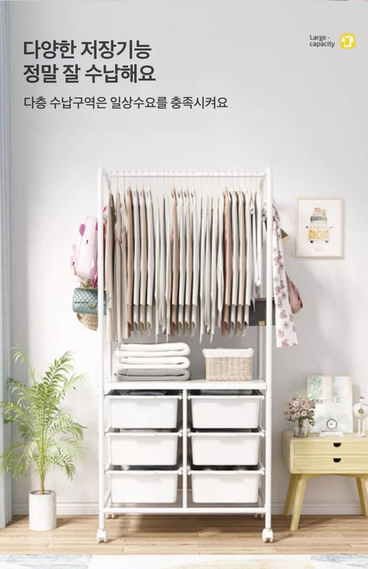 가정용 이동식 스탠드행거 침실 다층 선반 옷걸이 수납행거+바스켓 JIKTEM J4021908